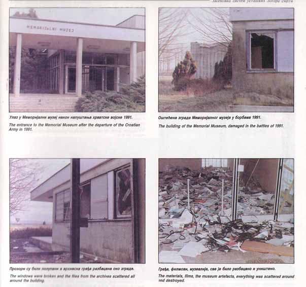 Four photographs depict the aftermath of a conflict in 1991 at a memorial museum. The top left shows an undamaged entrance.